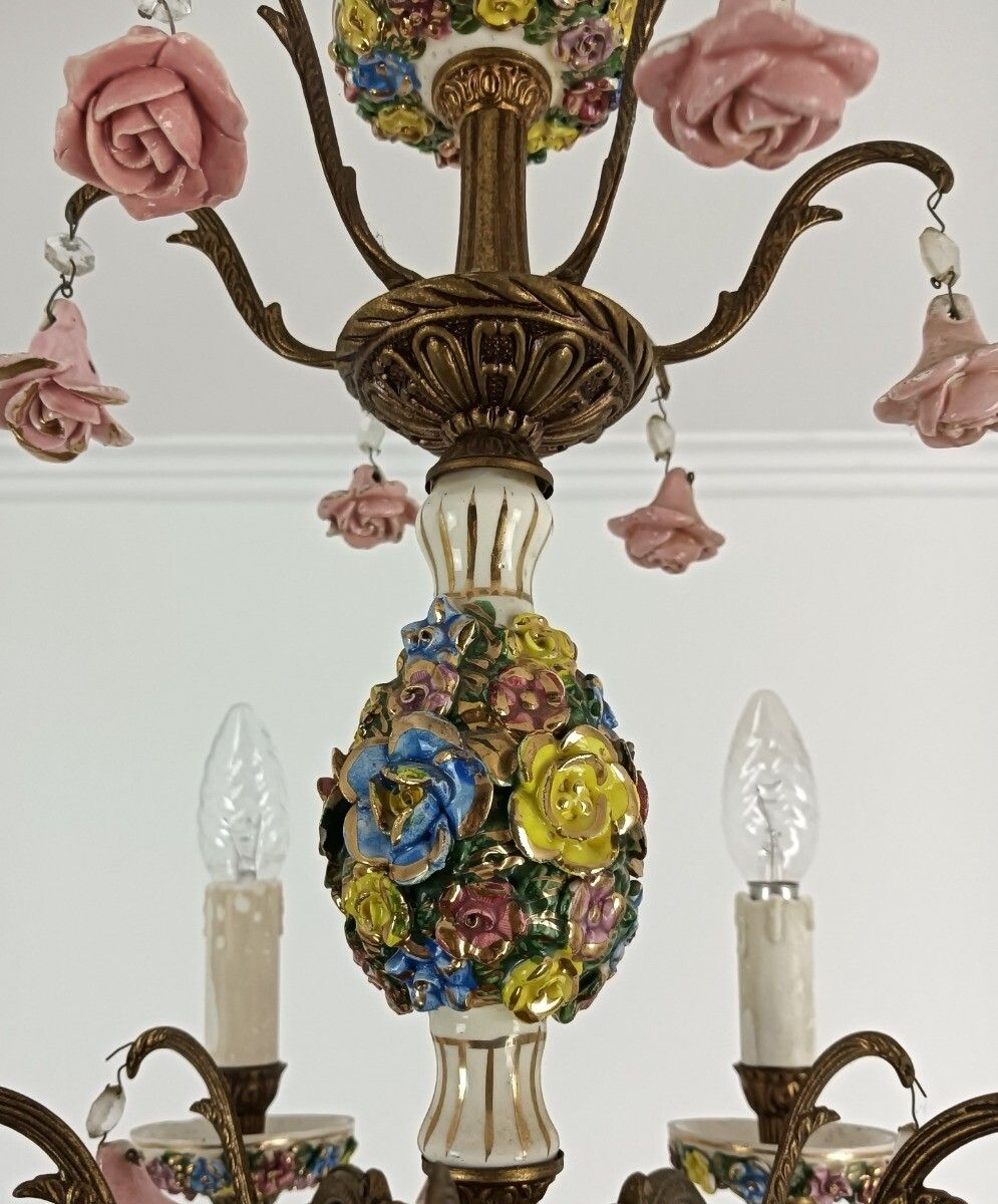 Italian Chandelier Porcelain Lots Of 3d Flowers Romantic Gorgeous Vintage 6 Llig photo 485.0