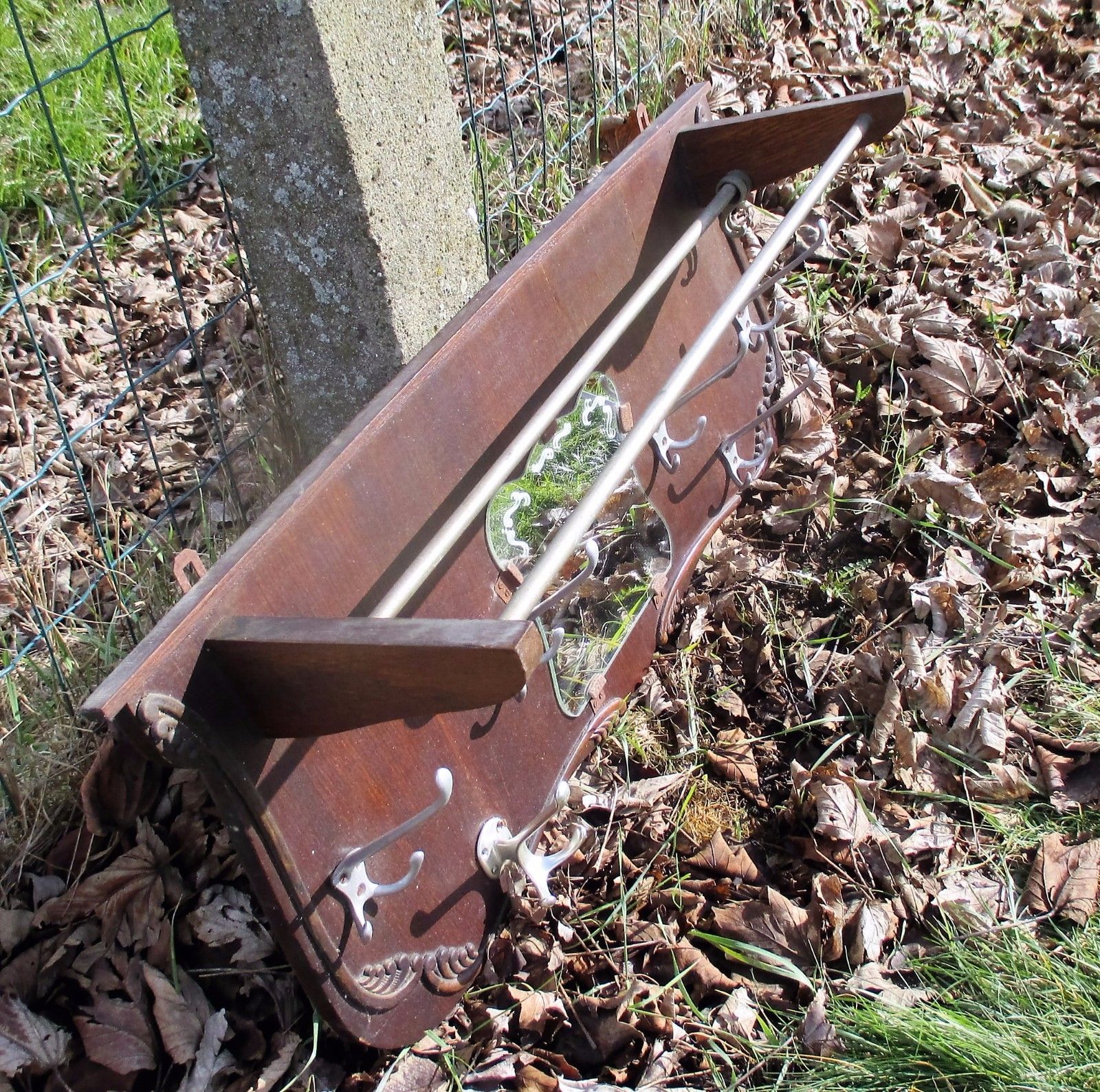 Vintage Brown Carved Wood Mid Century Chrome Mirror Coat Hat Rack 1950's photo for sale