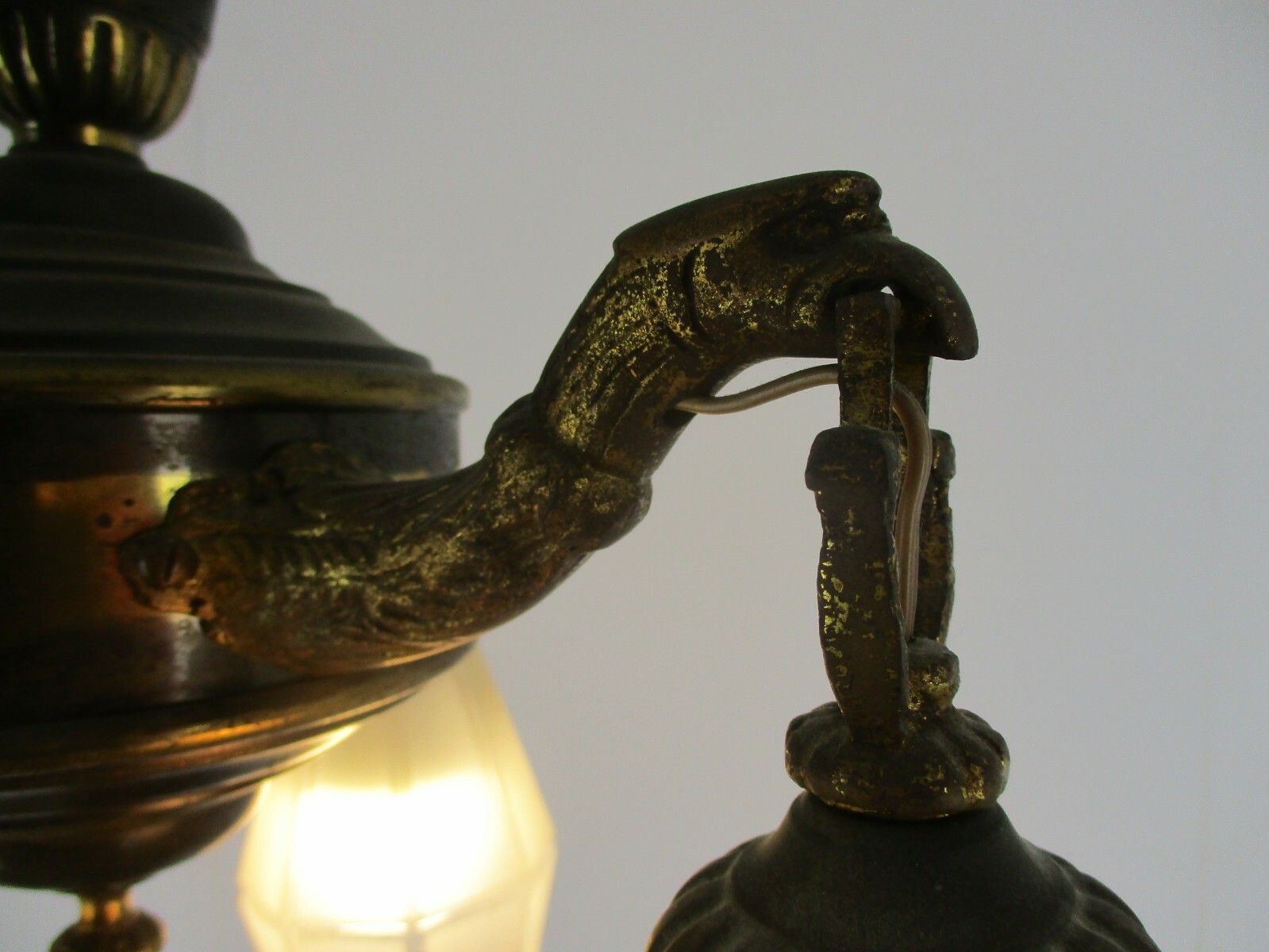 Gothic Brass Dragon Heads 3 Arms Lights Chandelier Lamp Art Deco Glass Shades photo 427.0