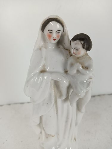 Antique 1900 Vieux Paris Porcelain Bisque Statue Virgin Mary Madonna With Infant photo furniture