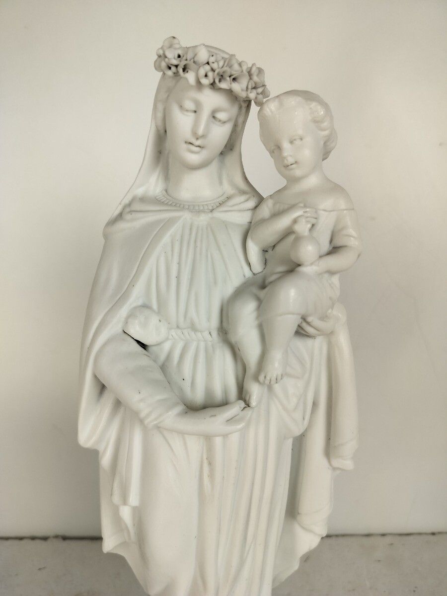 Antique Bisque Porcelain Statue Figurine Virgin Mary Madonna Infant Jesus Flower photo furniture