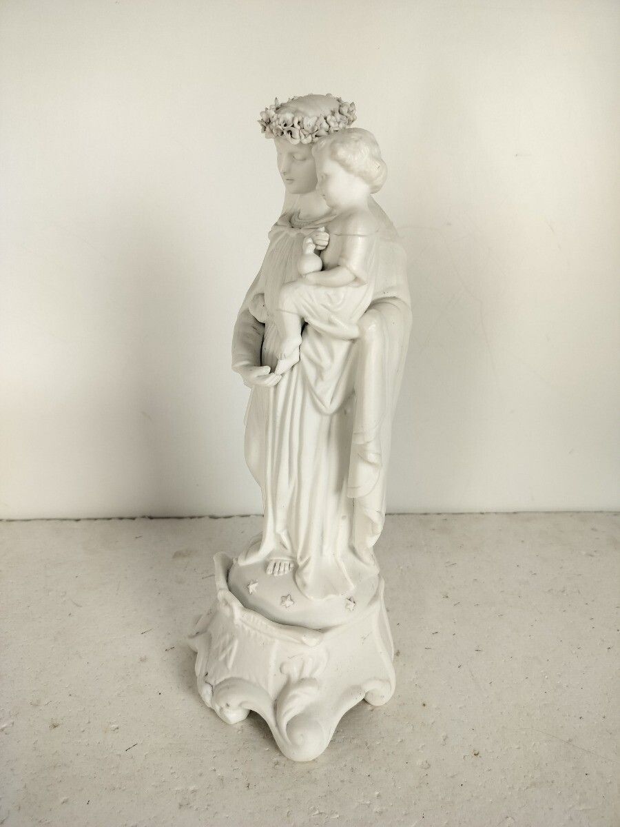 Antique Bisque Porcelain Statue Figurine Virgin Mary Madonna Infant Jesus Flower photo for sale