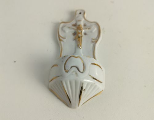Small Antique Holy Water Font Vessel Bisque White Gold Touches Crucifixion Wall photo for sale