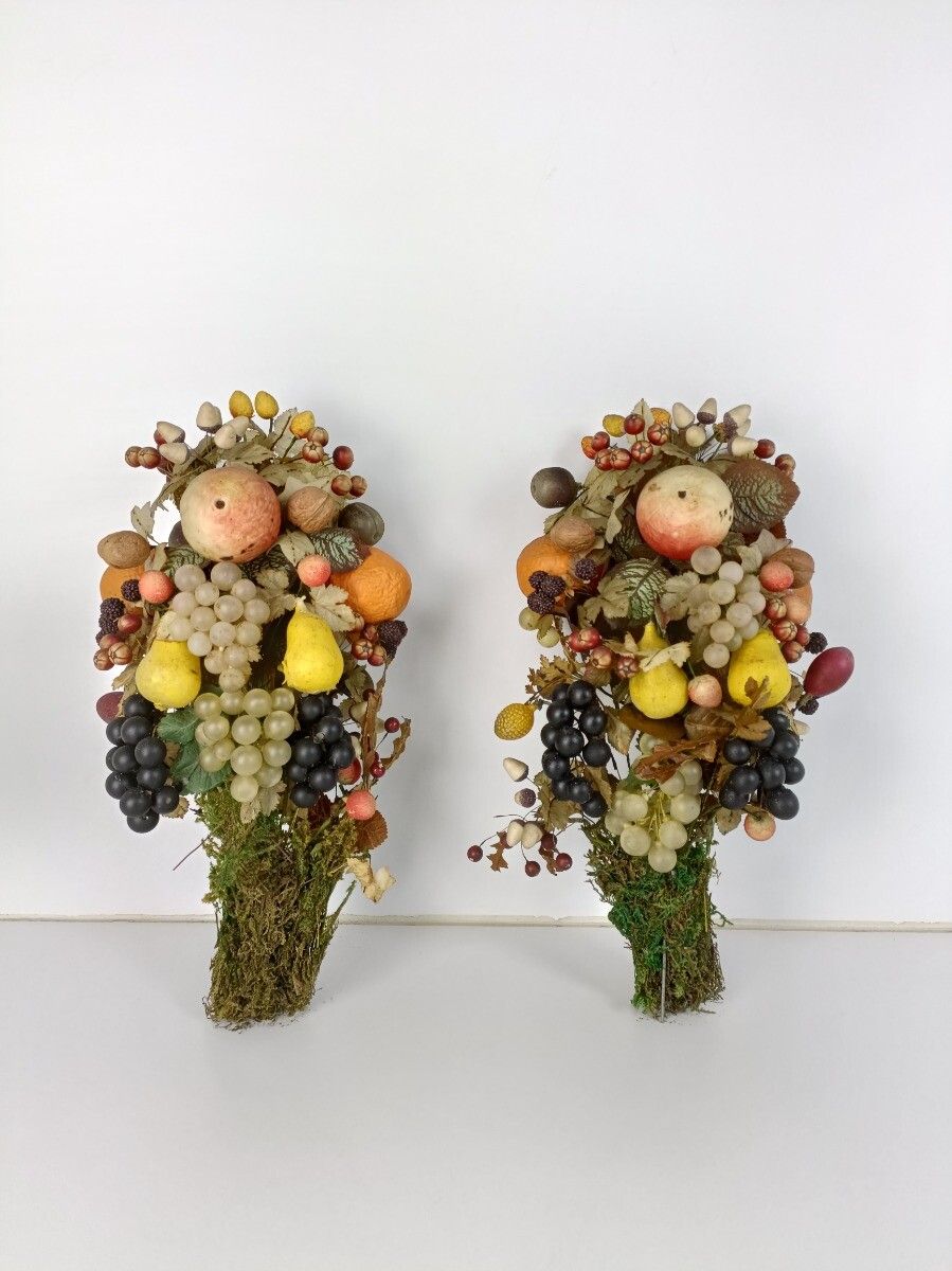 Pair Antique Hand Blown Fruit  Art Glass Boucquets Delicate Rare Centerpiece Dec photo furniture