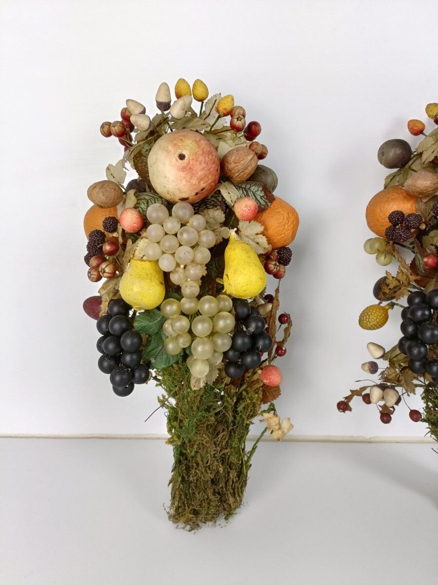 Pair Antique Hand Blown Fruit  Art Glass Boucquets Delicate Rare Centerpiece Dec photo for sale