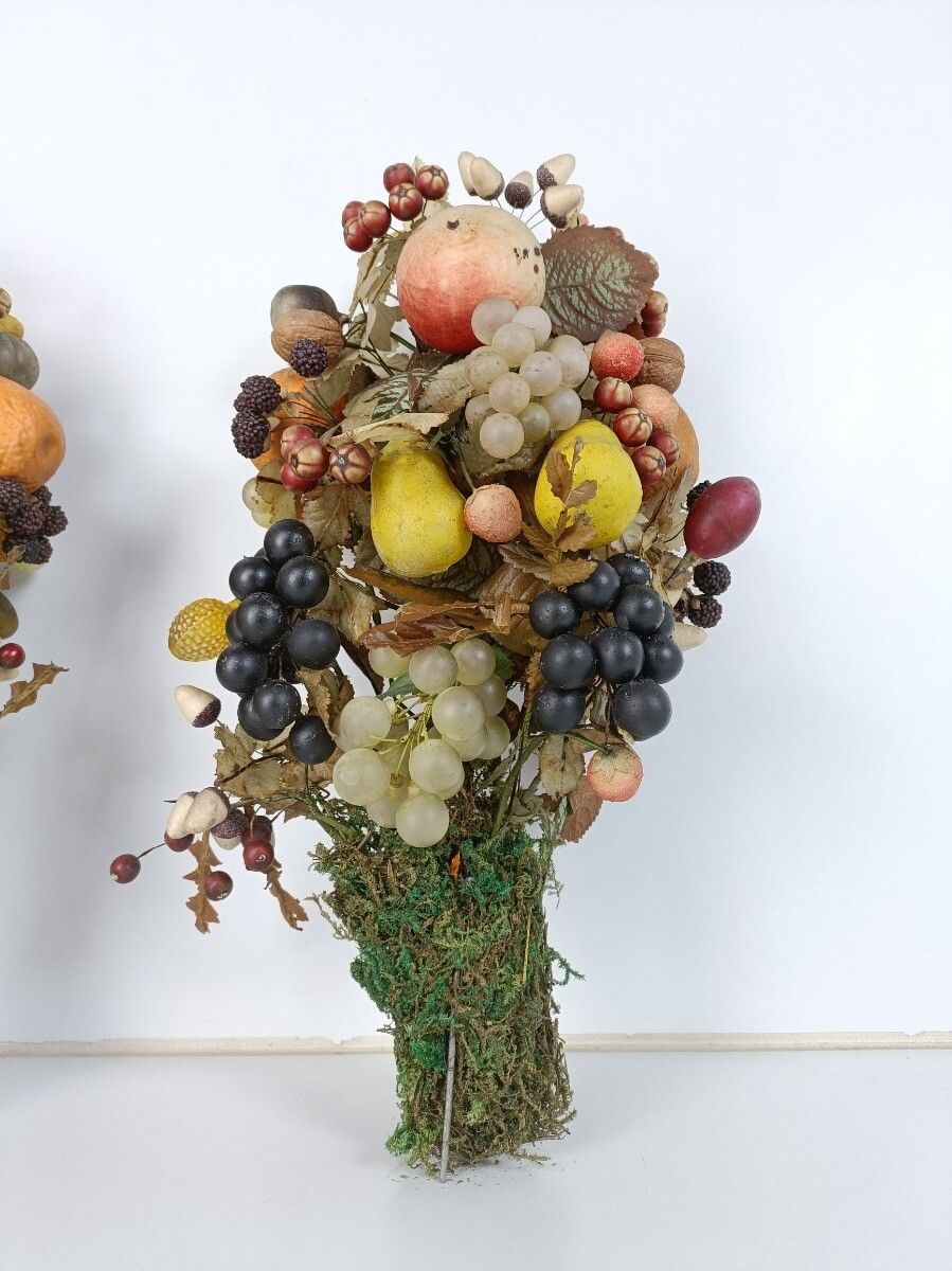 Pair Antique Hand Blown Fruit  Art Glass Boucquets Delicate Rare Centerpiece Dec photo vinterior