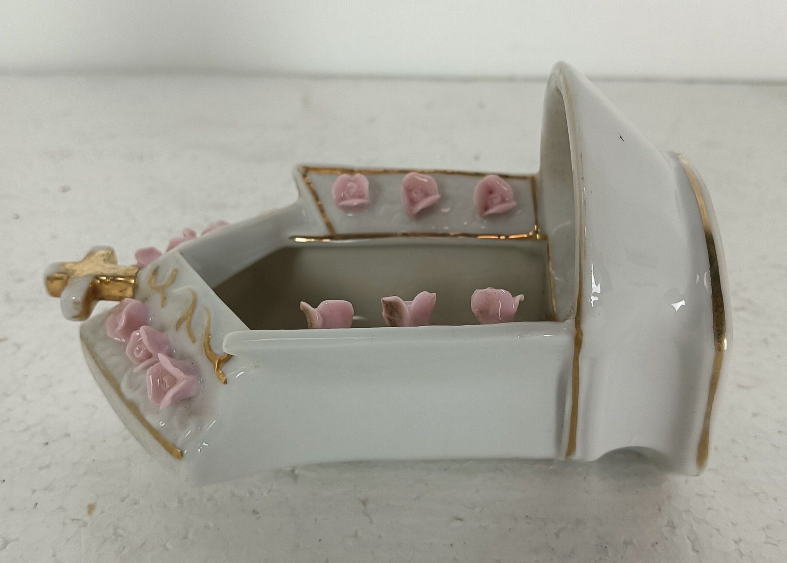 Beautiful Antique Standing Porcelain Holy Water Font Porcelain Madonna Pink Flow photo vintage