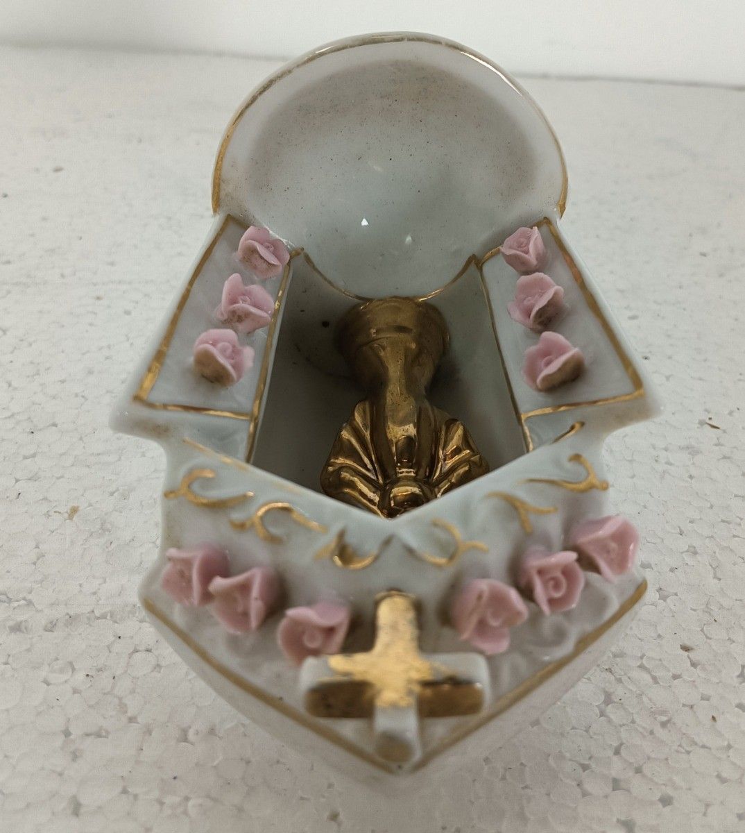 photo furniture Beautiful Antique Standing Porcelain Holy Water Font Porcelain Madonna Pink Flow