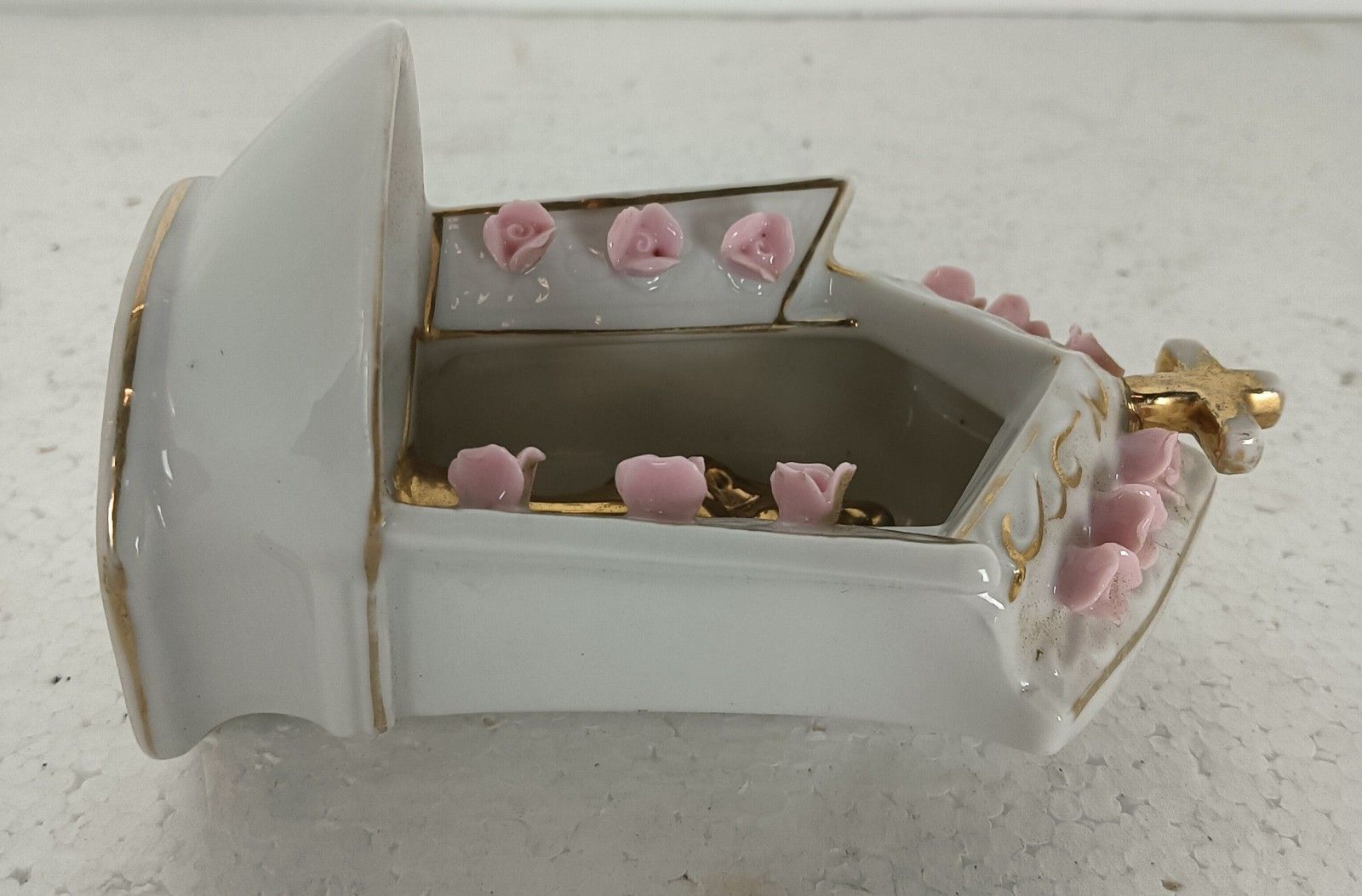 photo for sale Beautiful Antique Standing Porcelain Holy Water Font Porcelain Madonna Pink Flow
