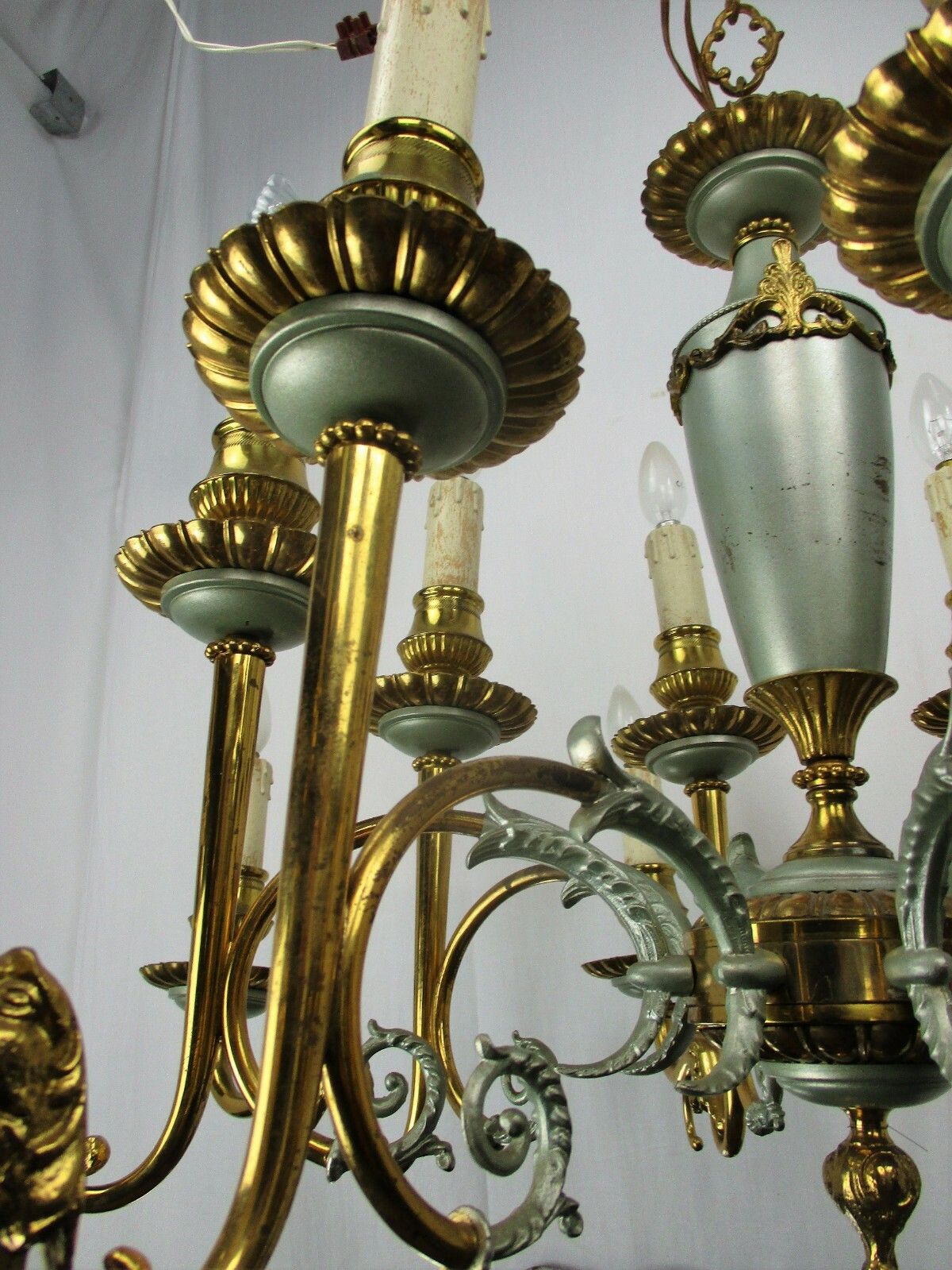photo furniture French Empire Chandelier Green Pale Tole Bronze Brass 16 Lights!! Roaring Lions