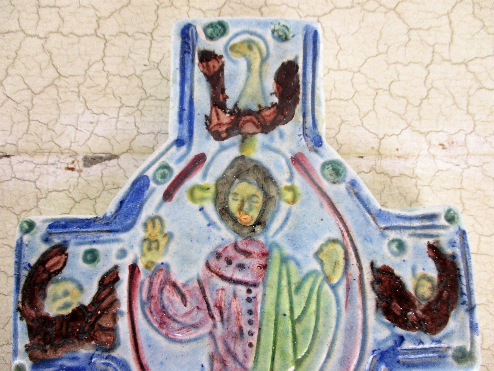 French Wall Hanging Crucifix Ceramic Mid Century Modernist  Evangelists Htf photo for sale