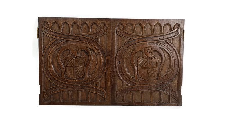 Couple  Panels Antique Hand Carved Wood Knights Shields Reclaimed Cabinet Doors