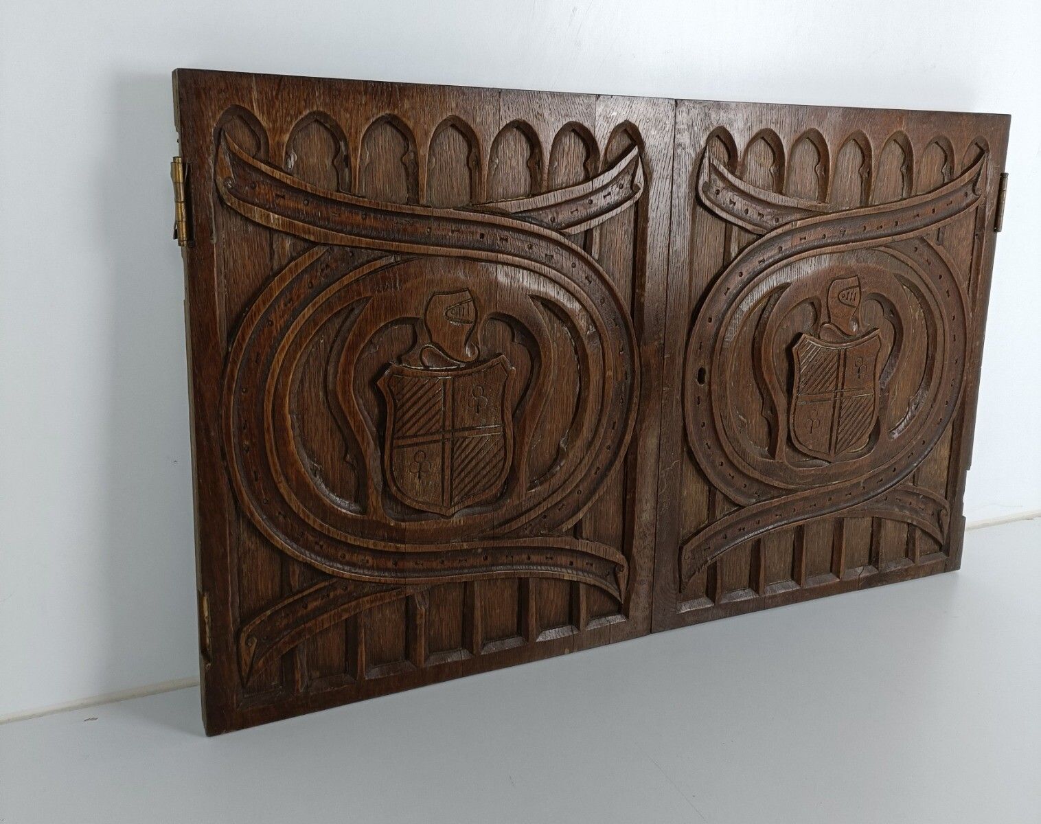 Couple  Panels Antique Hand Carved Wood Knights Shields Reclaimed Cabinet Doors photo for sale