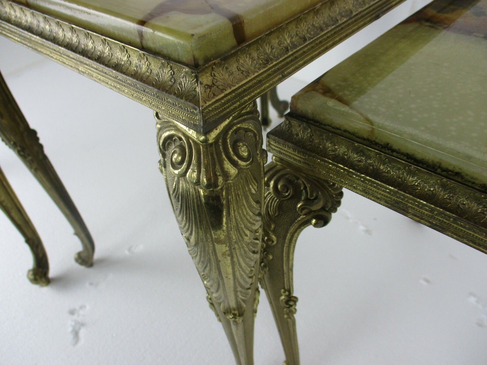 photo for sale Set Of 3 Nesting Stacking  Coffee Side Tables Marble Brass Hollywood Regency Wow