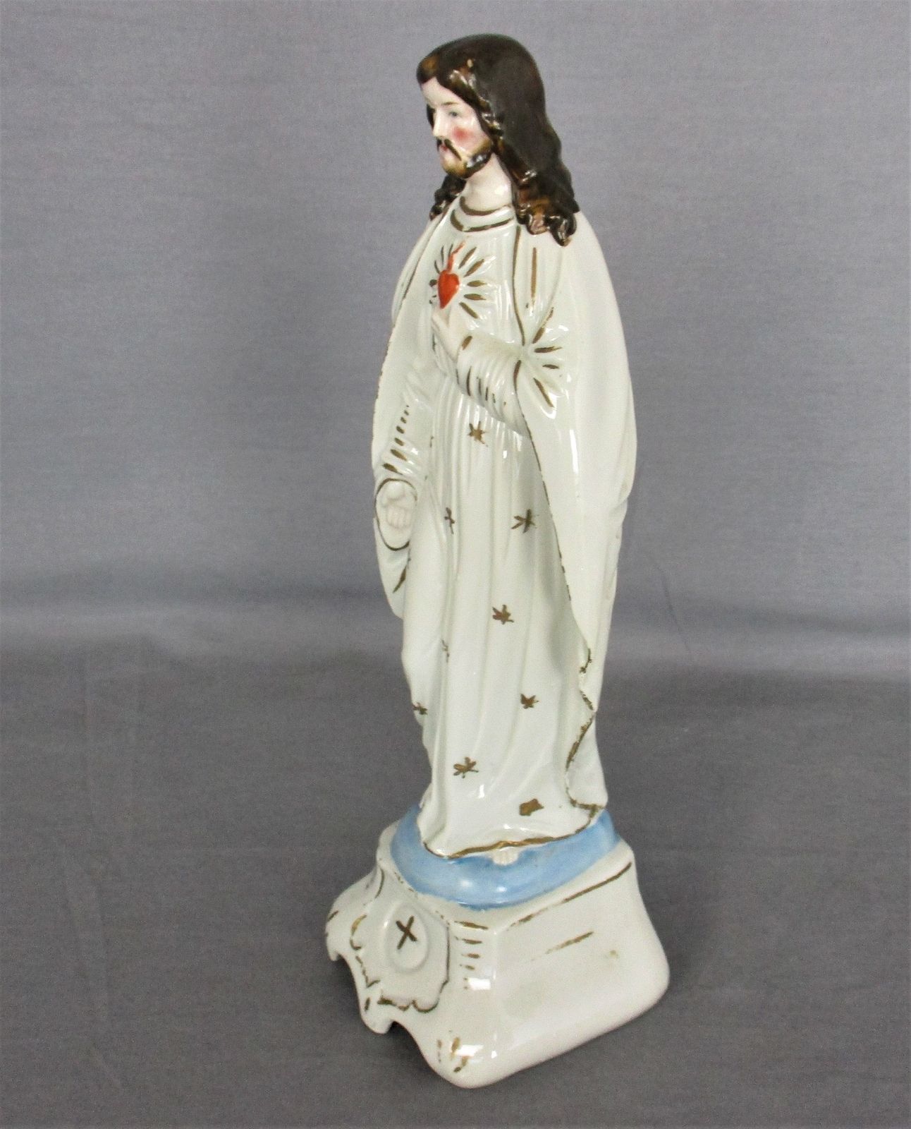 Antique  Statue Bisque Porcelain Jesus Christ Saviour Holy Sacred Heart Gorgeous photo Art