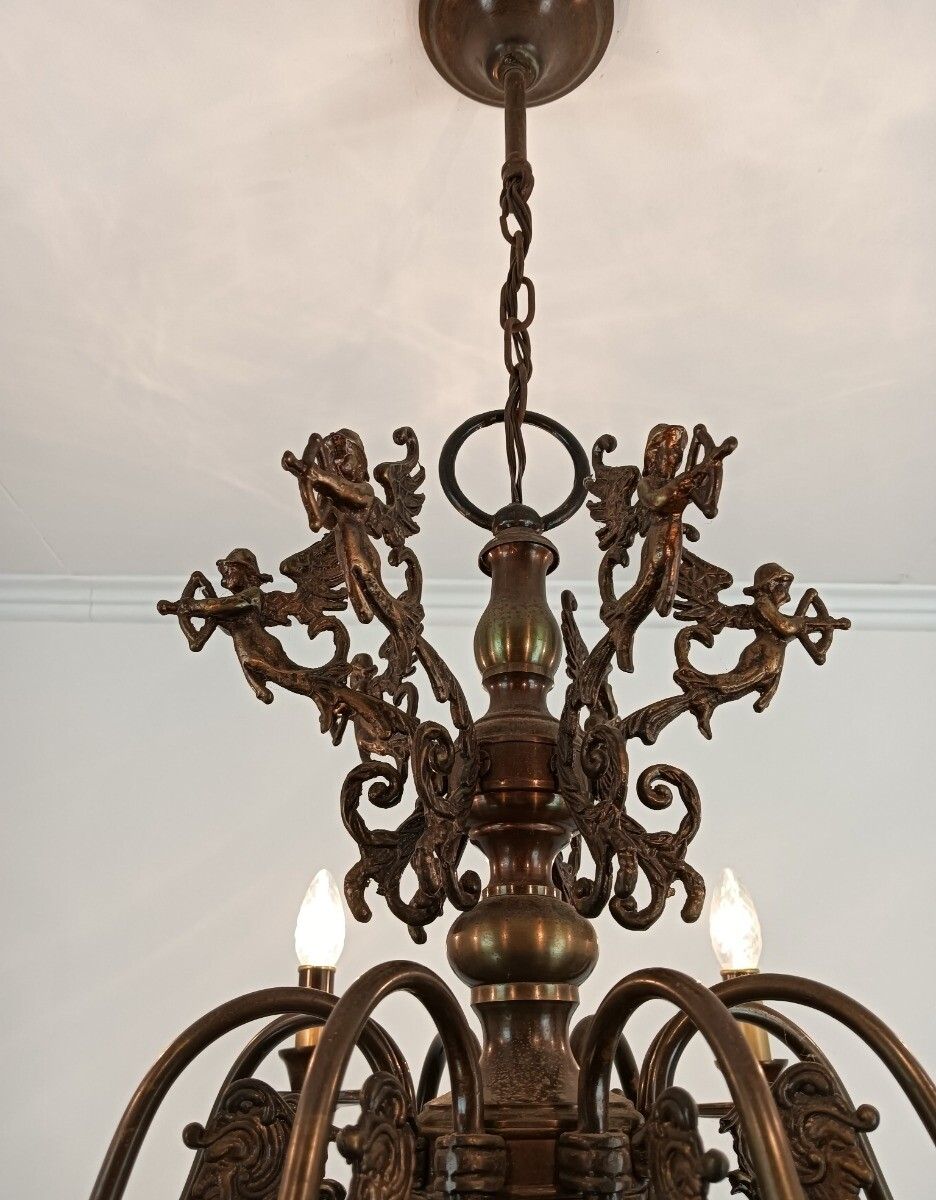 Exquisite Flemish Dutch Chandelier Brass Cupids Lovely 8 Lights Arm Farmhouse St photo 647.0