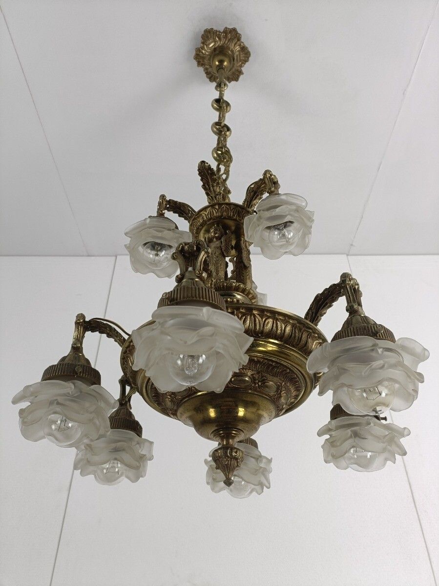 Gorgeous Chandelier 9 Lights Brass Angels Putti Art Glass Flower Shades Wow photo buy