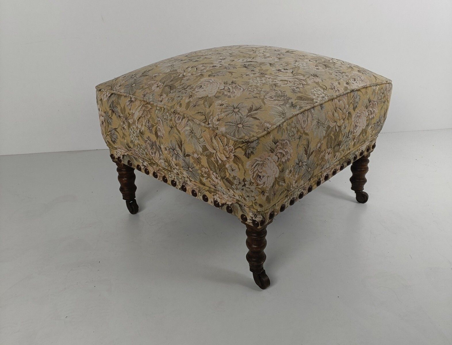Large Antique Footstool Wood On Wheels Fabric Footrest Pouf Ottoman Hobnails photo for sale