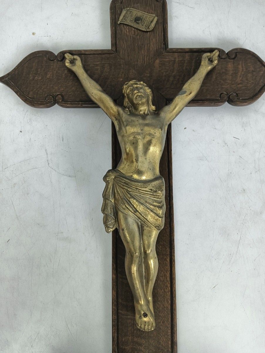 Large Hanging Crucifix Cross Carved Wood Spelter Corpus Vintage Christianity Jes photo for sale