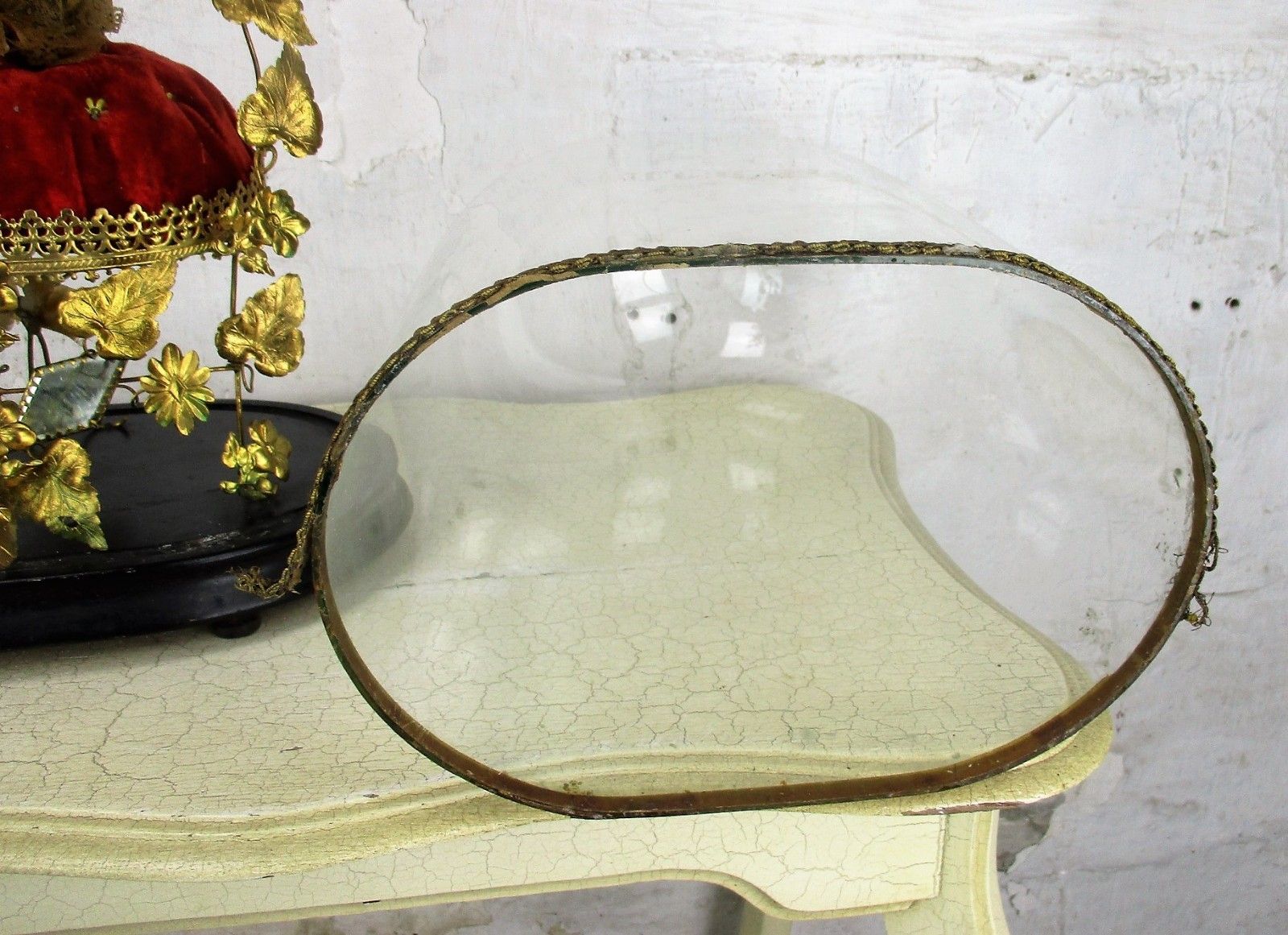 Antique Victorian French Bridal Wedding Dome Gold Gilt Leaves Ormolu Birds 19thc photo for sale