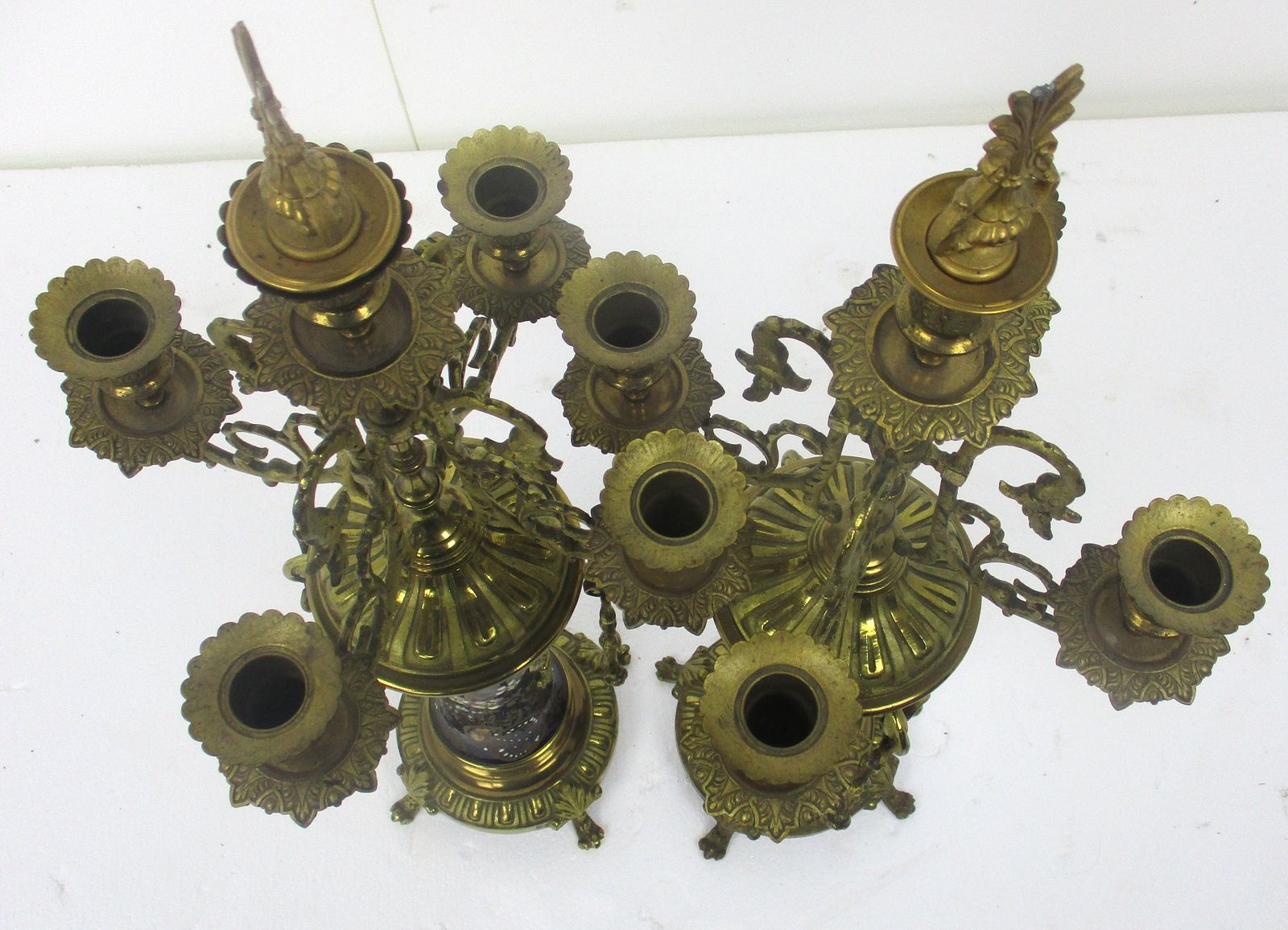 photo for sale Couple Candle Holders Brass Porcelain Enamel  Ornate Stylish Candelabra 5 Arm