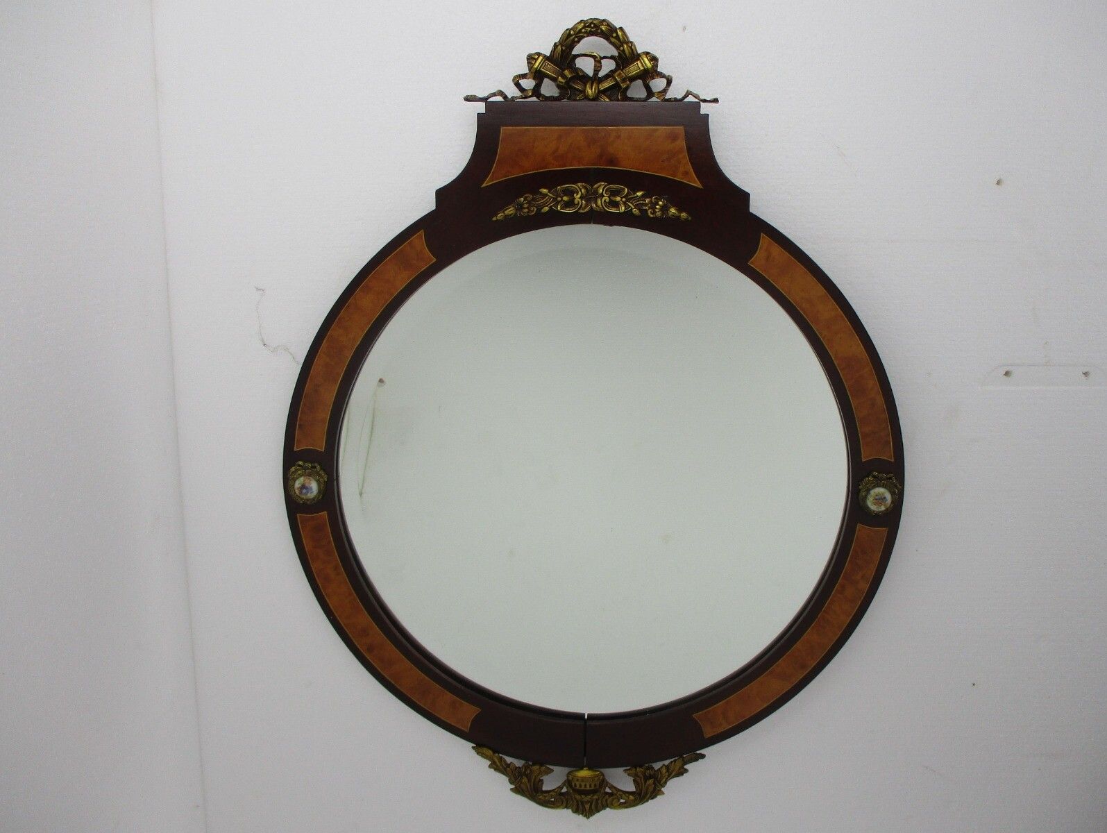 photo furniture Large Ornate Oval Wall Hanging Mirror Medallion Marquetry Wood Beveled Glass Wow