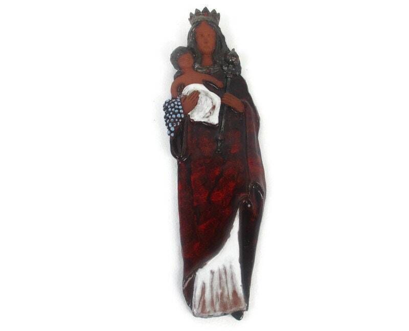 Wall Plaque Ceramic Our Lady Of Tongeren Black Madonna Infant Jesus Grapes Colle