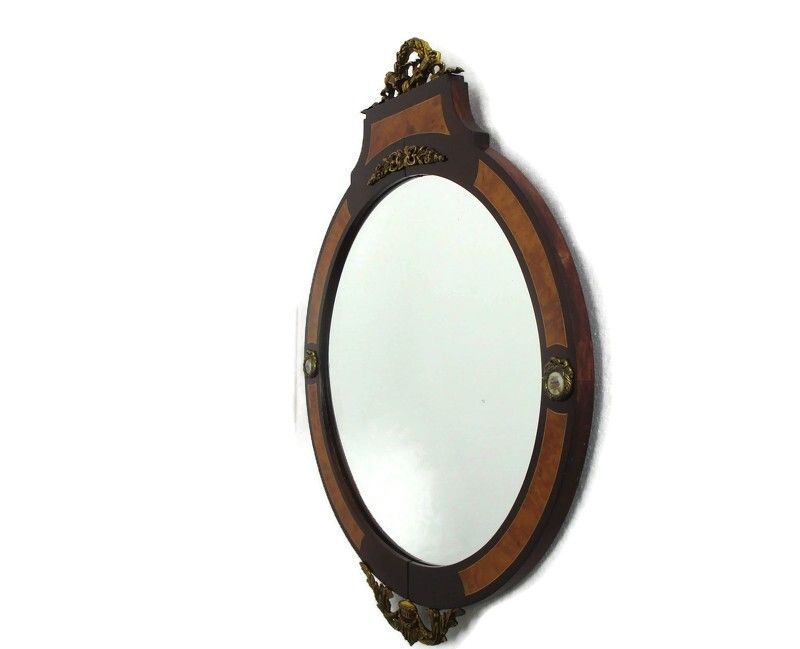 Large Ornate Oval Wall Hanging Mirror Medallion Marquetry Wood Beveled Glass Wow