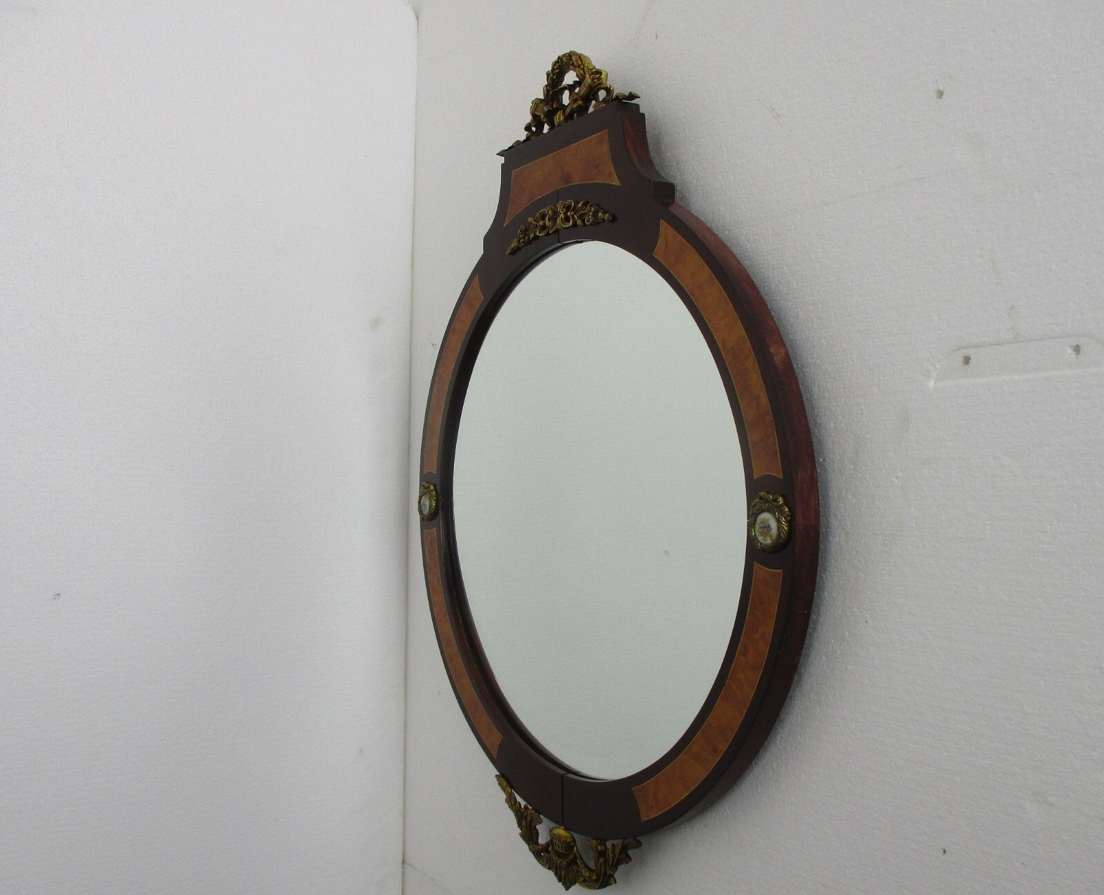 Large Ornate Oval Wall Hanging Mirror Medallion Marquetry Wood Beveled Glass Wow photo 482.0