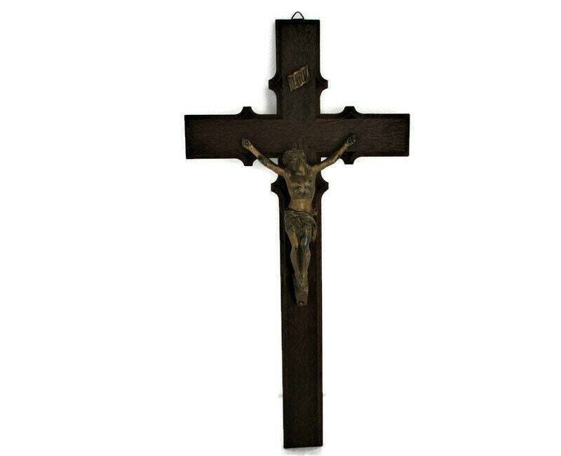 Large Oak Hanging Crucifix Cross Jesus Christ Brass Corpus  23.62"