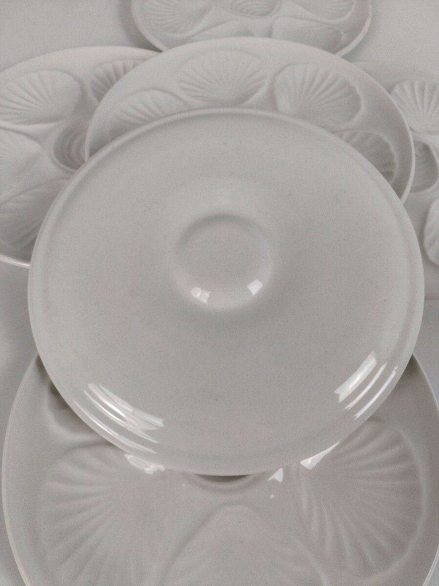 Set Of 6 French Oyster Fish Seafood Plates Porcelain Faience White Stylish  Vint photo Home Decor