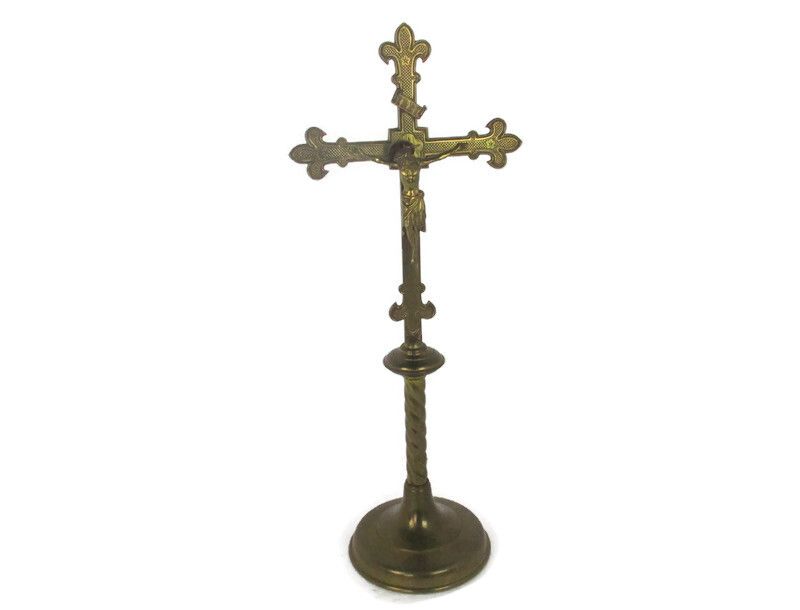 French Standing Altar Church Chapel Crucifix Cross Ornate Brass Enamel Fleur De
