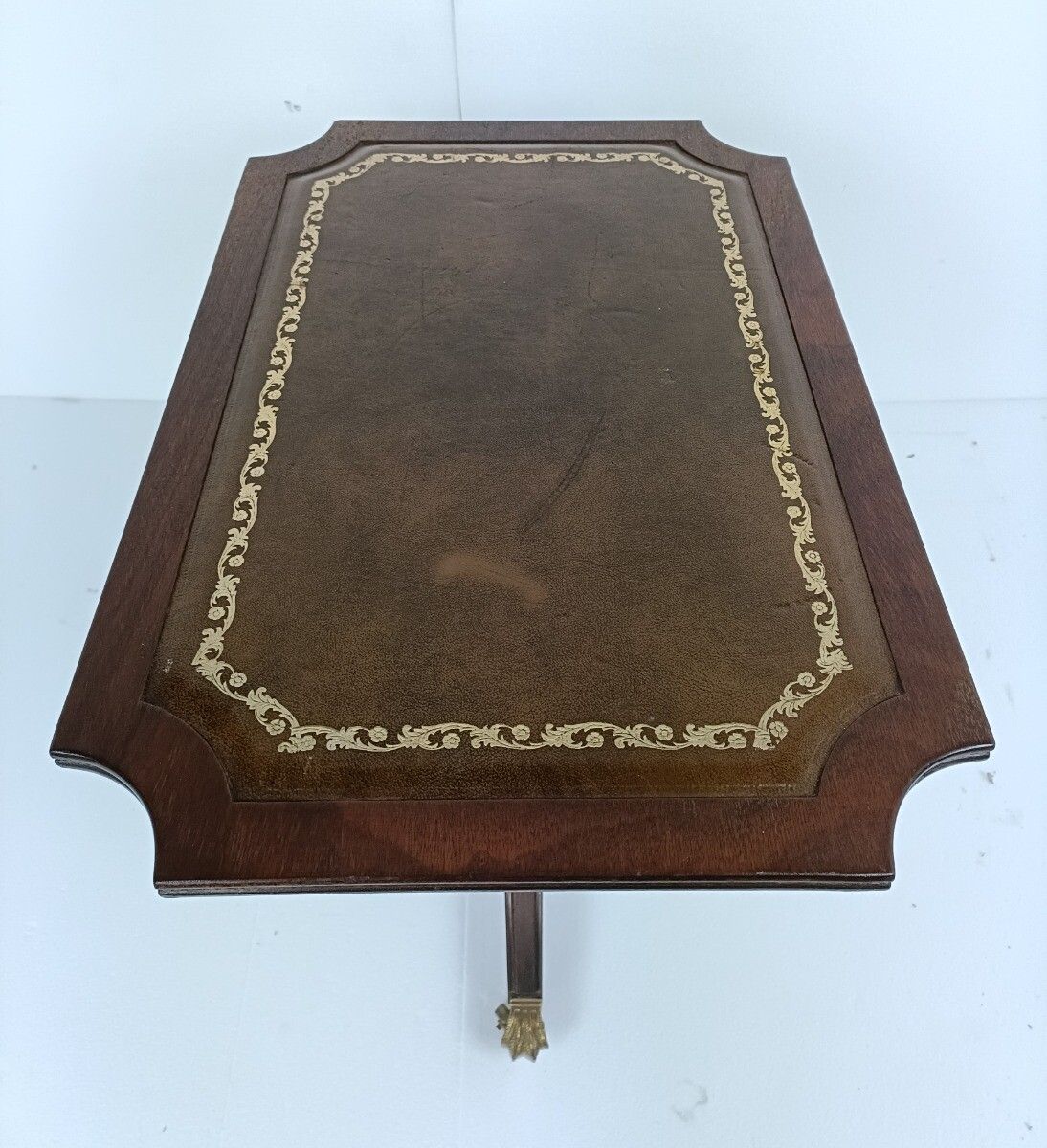 Italian Wood Faux Leather Brass Legs Coffee Wine Side Table Vintage Beautiful photo 244.0