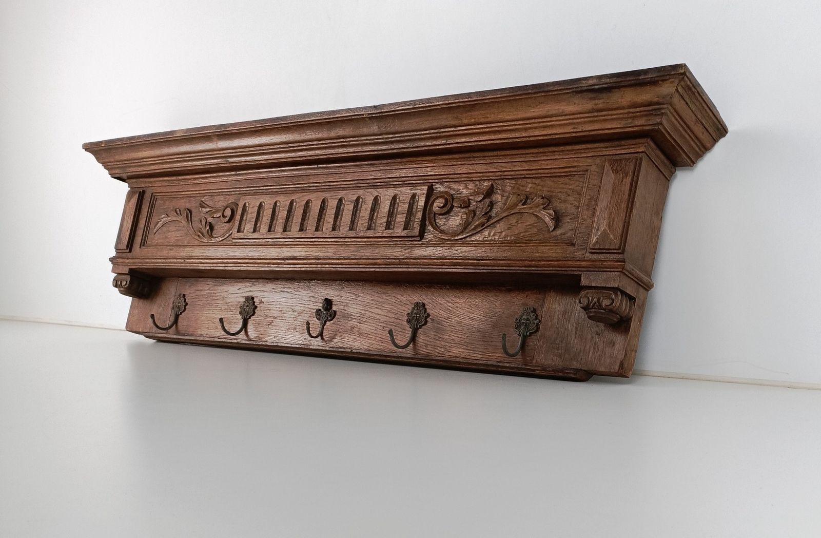 Antique Carved  Wood Coat Hat Rack  Ornate Etched Hand Carved Wood Oack Bacchus photo for sale