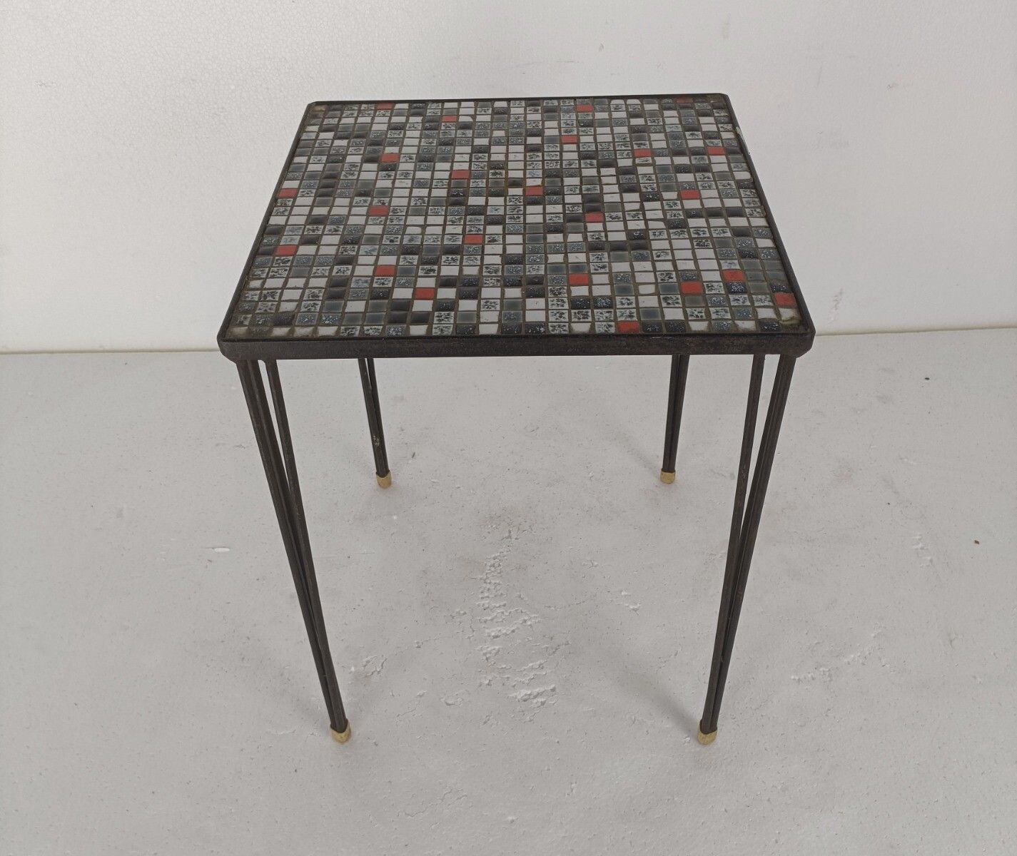 Vintage Side Table Plant Stand Ceramic Mosaic Tiles Wrought Iron Hairpin Legs photo for sale