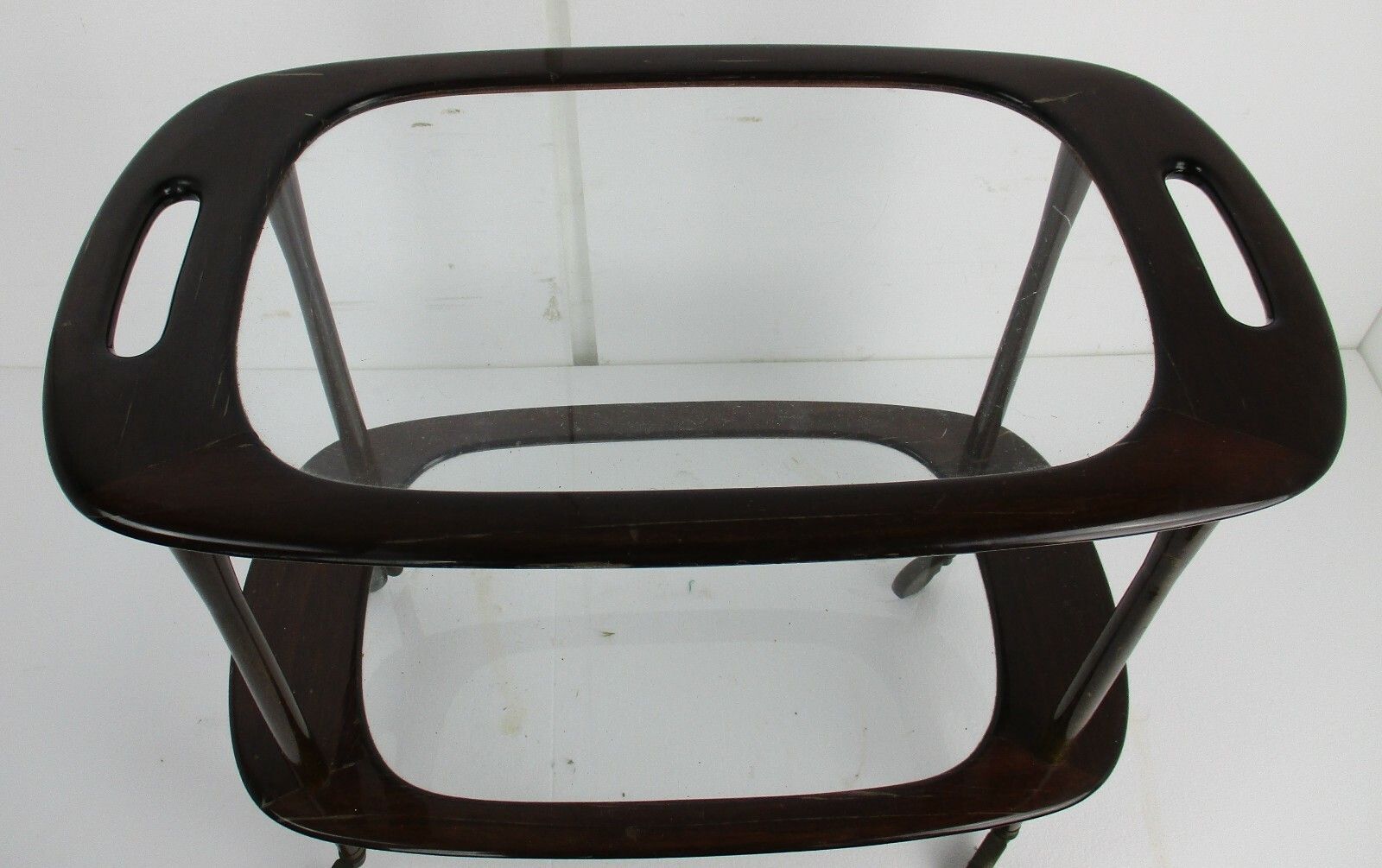 Bar Cocktail Tea Garden Cart Trolley Mid Century Modern Oval  Wood Glass Top photo for sale