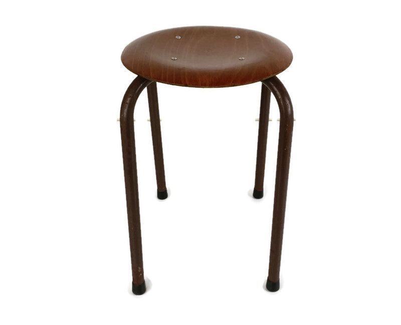 Vintage Stool Chair Industrial Plywood Iron Legs Funky Retro