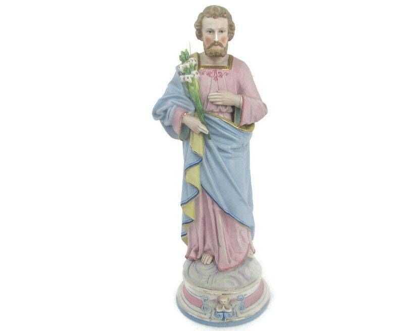 Antique Porcelain Bisque Statue Saint Joseph Angel Lilies Protector Of Homes Pol