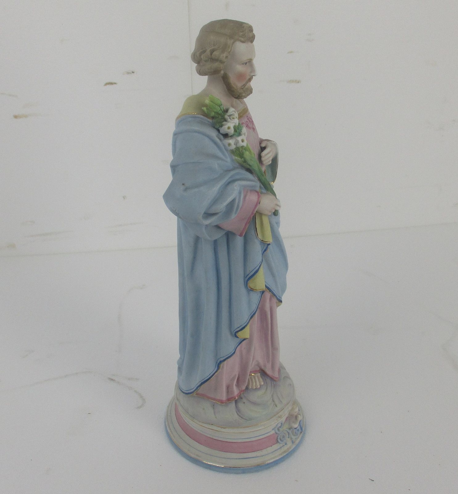 Antique Porcelain Bisque Statue Saint Joseph Angel Lilies Protector Of Homes Pol photo Art