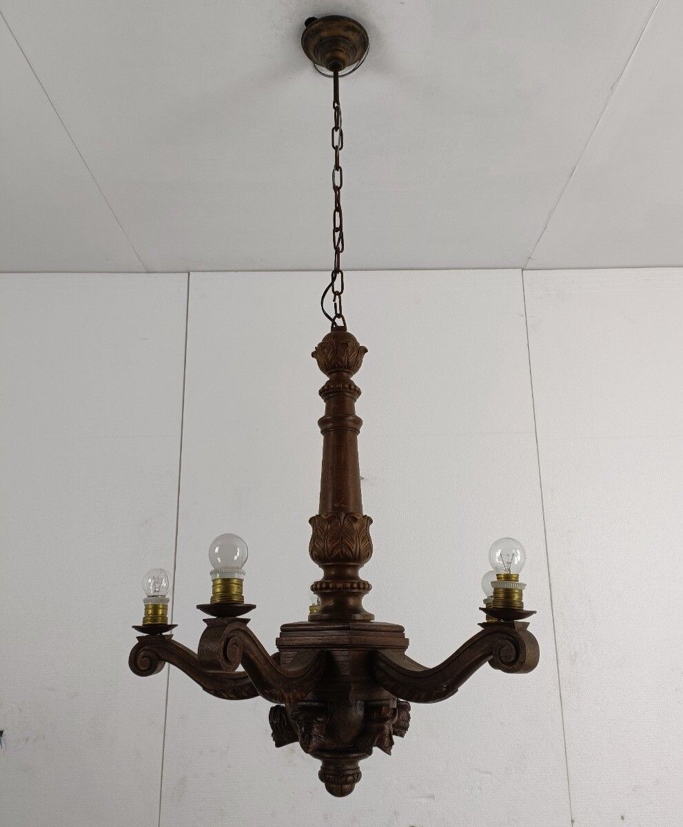 Gorgeous Hand Carved Wooden Breton Chandelier Faces Sculptures 5 Arm Lights Vint photo Lighting