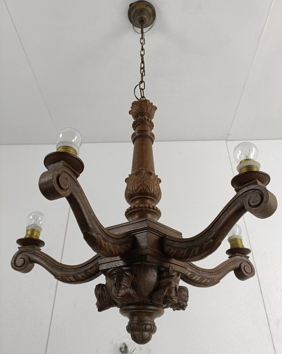 Gorgeous Hand Carved Wooden Breton Chandelier Faces Sculptures 5 Arm Lights Vint photo 647.0