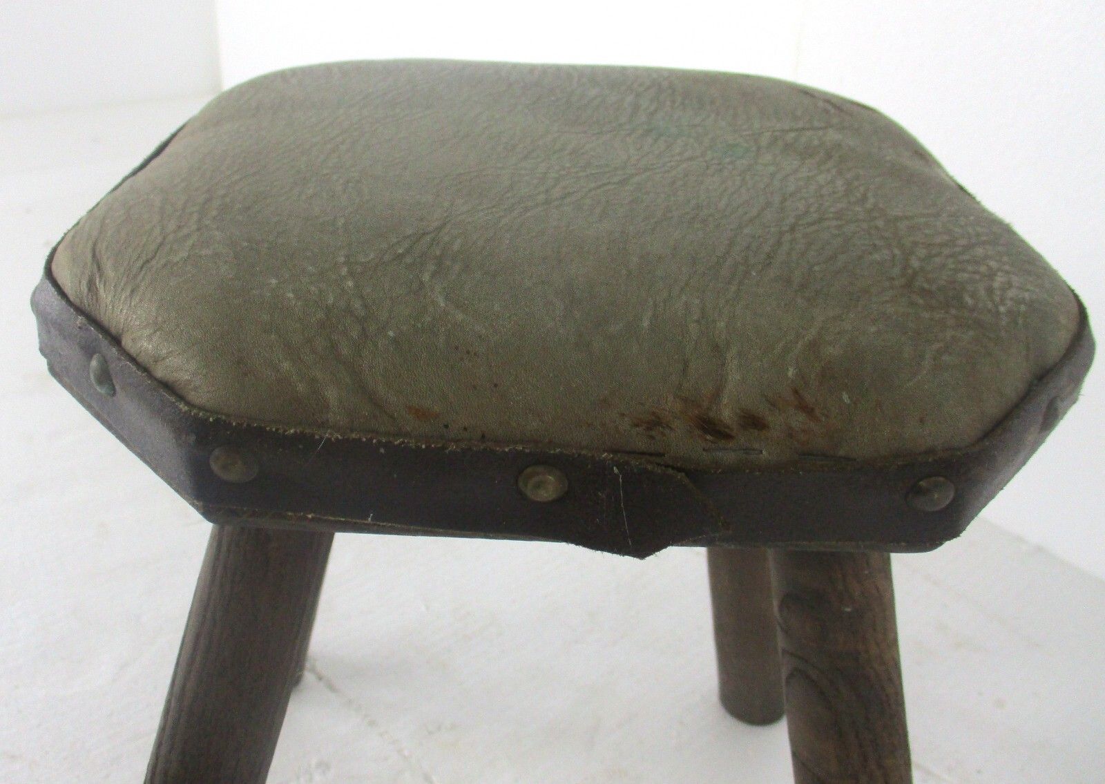 Antique Hand Carved Wood  Milking Stool Pedestal  Hide Top Hobnails French photo for sale