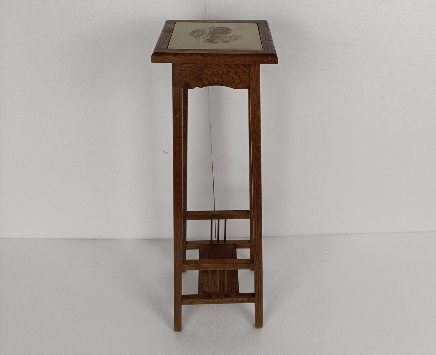 photo furniture Vintage Wood Pedestal Display Table Plant Stand Tile Victorian Scene Two Tier