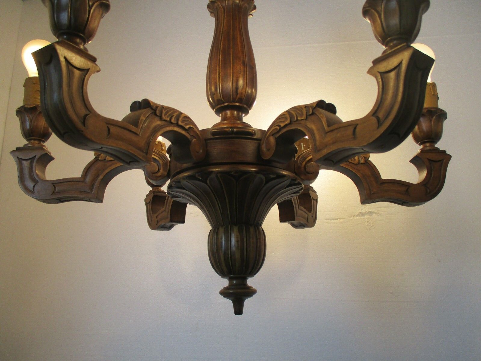 Hand Carved Wooden Chandelier Ornate  6 Arm Lights Country Farmhouse Barn Style photo buy