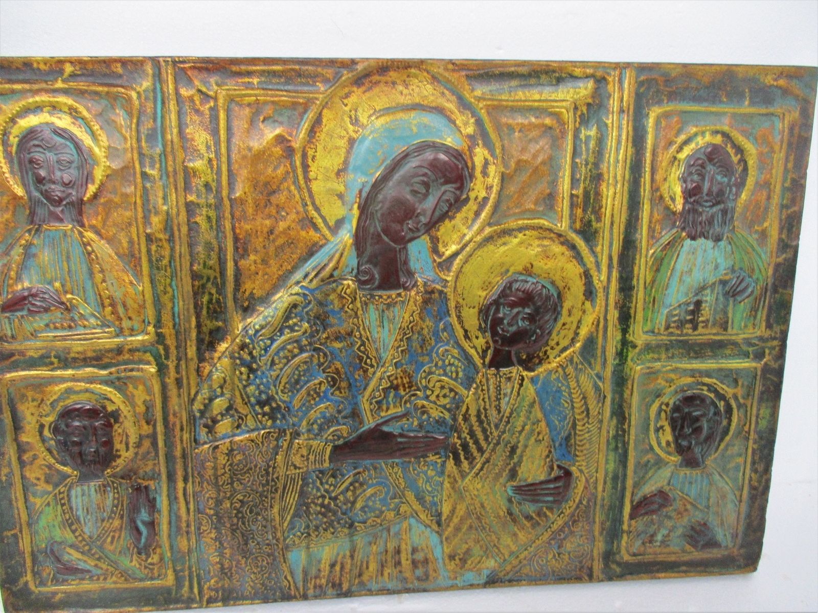 Large Ornate Icon Hand Painted Florentine Wood Madonna E Santi Virgin Infant Chi photo for sale
