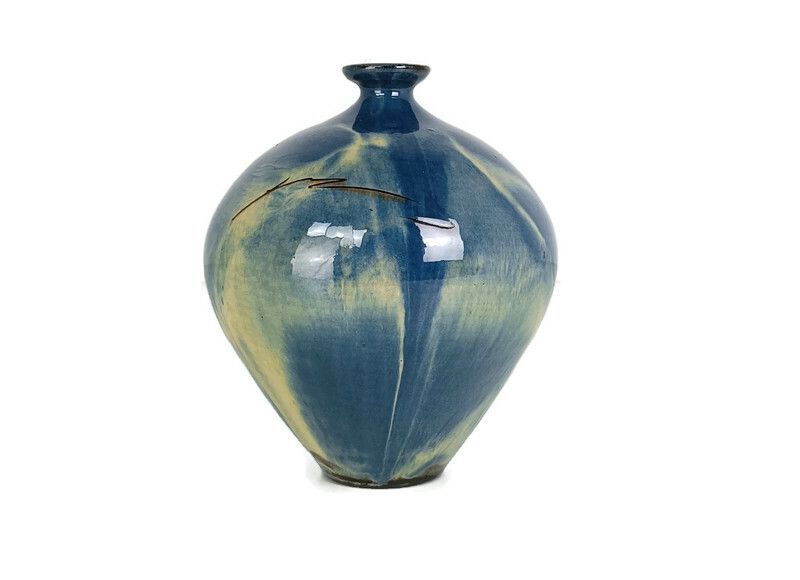 Blue Abstract Vase French Pottery Faience Vintage Modernist