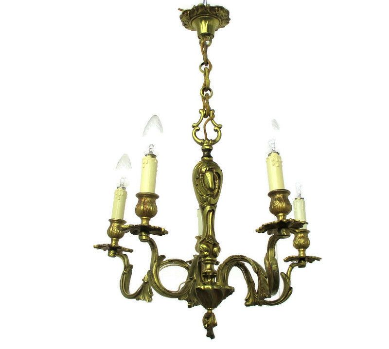 French Chandelier 5 Arms Lights Brass  Hollywood Regency Ornate Etched Brass