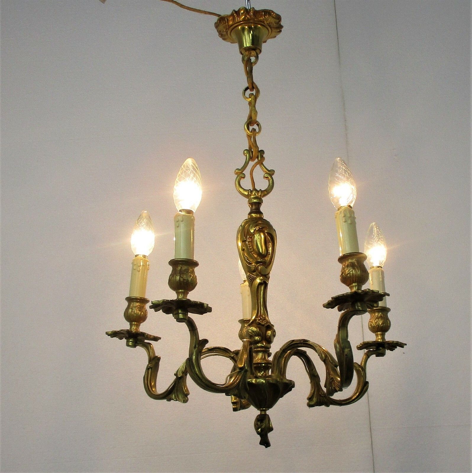 French Chandelier 5 Arms Lights Brass  Hollywood Regency Ornate Etched Brass photo buy