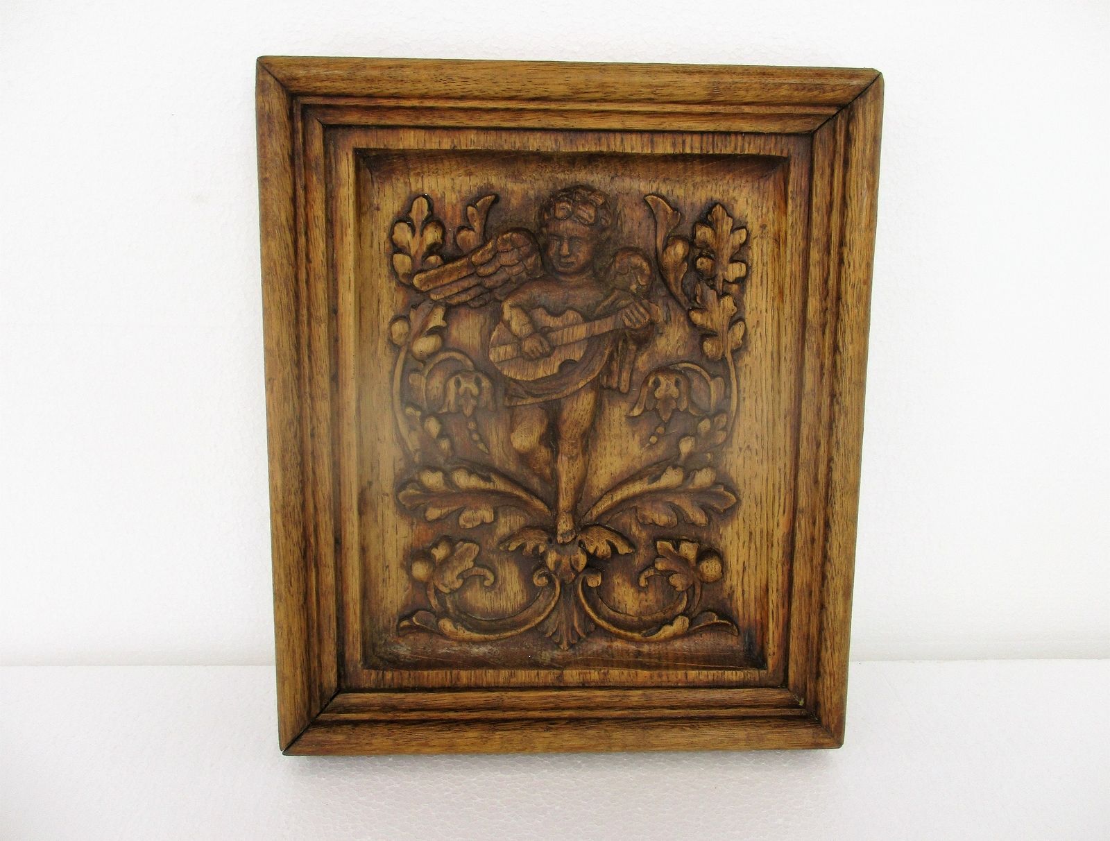 Angel Playing Musical Instrument Hand Carved Wood Wall Panel Bas High Relief Tab photo furniture