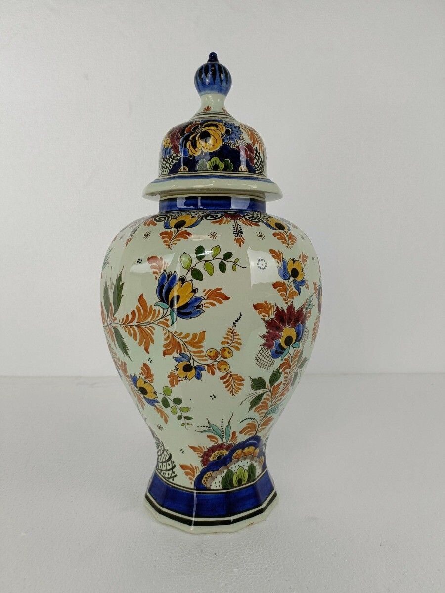 Polychrome Delft  Vase Urn Marked  Foo Dog  Porcelain Ceramic Hand Painted Vinta photo Home Decor